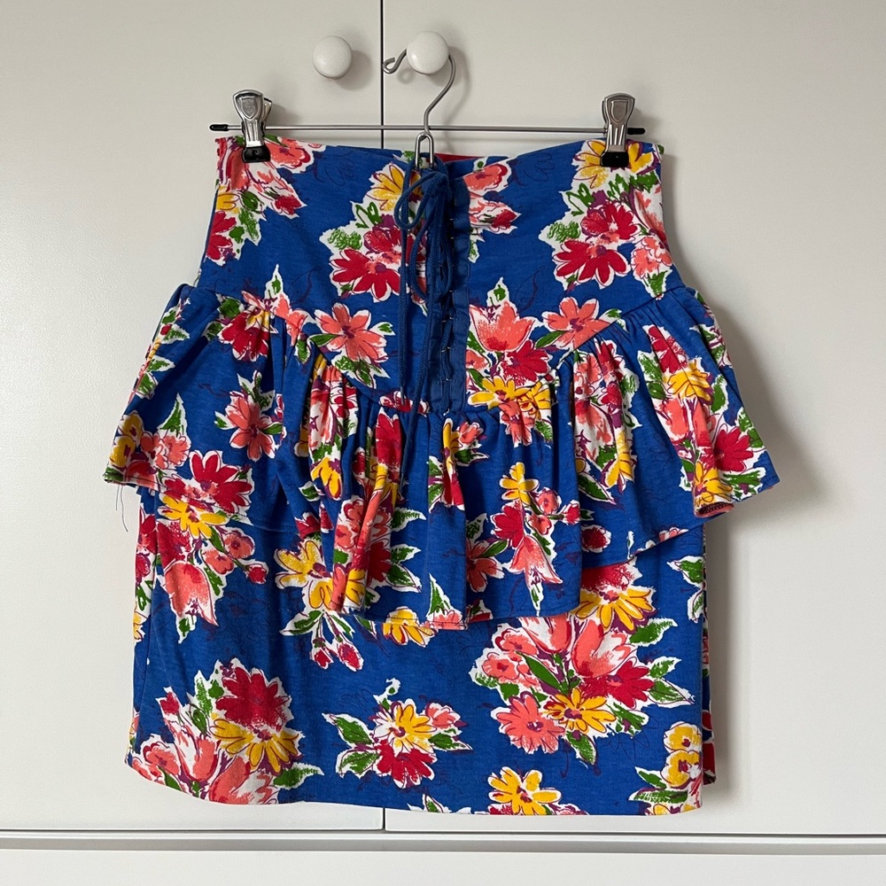 Vintage Avon Blue Floral Ruffle Mini Skirt with Lace-Up Waist